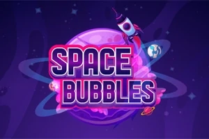 Texten Space Bubbles visas över en tecknad planet med en raket och små planeter i bakgrunden