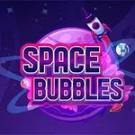 Texten Space Bubbles visas över en tecknad planet med en raket och små planeter i bakgrunden