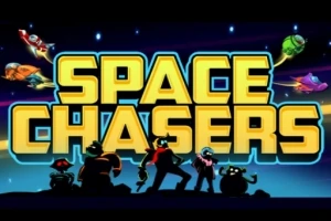 Fem karaktärer och en katt står framför texten Space Chasers med färgglada rymdskepp i bakgrunden
