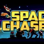 Fem karaktärer och en katt står framför texten Space Chasers med färgglada rymdskepp i bakgrunden