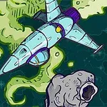 Rymdskepp flyger förbi en asteroid i färgglad rymdmiljö med gröna nebulosor