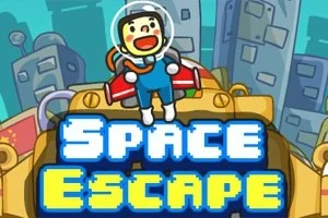 Tecknad figur i rymddräkt står på en stor gul robot framför en bakgrund av byggnader, med texten Space Escape i blå pixelstil