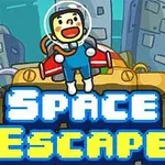 Tecknad figur i rymddräkt står på en stor gul robot framför en bakgrund av byggnader, med texten Space Escape i blå pixelstil