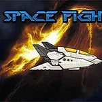 Ett vitt rymdskepp framför en brinnande gul explosion med texten Space Fighter ovanför