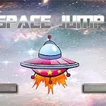 Ett tecknat rymdskepp med eldstrålar mot en stjärnfylld bakgrund, med texten SPACE JUMP ovanför