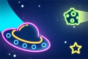 Färgglatt neonillustration av ett rymdskepp, en meteor och en stjärna i rymden