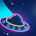 Färgglatt neonillustration av ett rymdskepp, en meteor och en stjärna i rymden