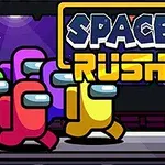 Färgglada figurer i rymddräkter med texten Space Rush i bakgrunden