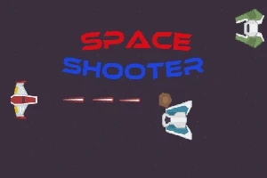 Texten Space Shooter i rött och blått med tre rymdskepp och projektiler mot en mörk bakgrund