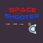 Texten Space Shooter i rött och blått med tre rymdskepp och projektiler mot en mörk bakgrund