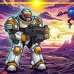 En bepansrad soldat med ett vapen i en färgglad utomjordisk landskap med robotar och berg i bakgrunden