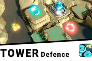 Strategiskt spel med torn på en bergig terräng och gröna samt röda lysande ikoner