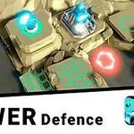 Strategiskt spel med torn på en bergig terräng och gröna samt röda lysande ikoner
