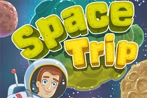 Tecknat rymdtema med en astronaut och stora bokstäver som säger Space Trip, omgiven av planeter och stjärnor