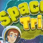Tecknat rymdtema med en astronaut och stora bokstäver som säger Space Trip, omgiven av planeter och stjärnor