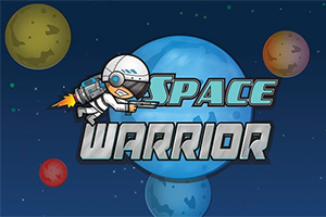 En tecknad astronaut med jetpack flyger framför färgglada planeter med texten Space Warrior på en rymdbakgrund