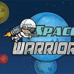 En tecknad astronaut med jetpack flyger framför färgglada planeter med texten Space Warrior på en rymdbakgrund