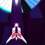 Ett futuristiskt rymdskepp flyger längs en mörk tunnel med lysande färgglada cirkulära mönster i bakgrunden