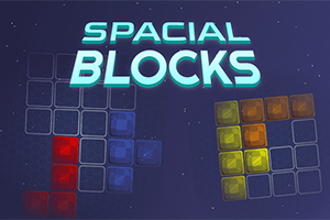 Texten Spacial Blocks över en bakgrund med färgglada block i rött, blått och gult mot en mörk stjärnprydd himmel
