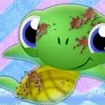 En söt tecknad sköldpadda med stora ögon täckt av smuts på en mönstrad bakgrund