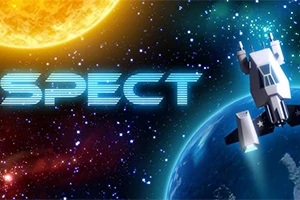Rymdskepp och planet mot en stjärnfylld bakgrund med en sol och texten SPECT