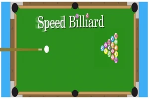 Biljardbord med kö, vit boll och färgglada bollar placerade i en triangel under texten Speed Billiard