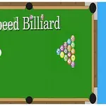 Biljardbord med kö, vit boll och färgglada bollar placerade i en triangel under texten Speed Billiard