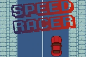 Röd bil på en motorväg sett uppifrån med texten Speed Racer i pixelstil ovanför