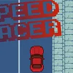 Röd bil på en motorväg sett uppifrån med texten Speed Racer i pixelstil ovanför