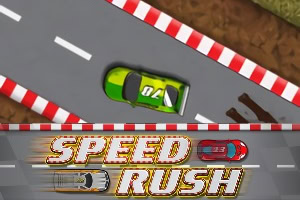 En grön bil kör på en racerbana med röda och vita kanter, och texten SPEED RUSH syns under