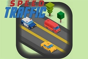 Ett isometriskt perspektiv av en väg med en polisbil, en skåpbil och en taxi, samt två träd och texten Speed Traffic