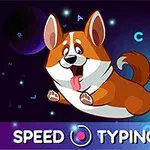 En tecknad hund som hoppar i rymden med bokstäver och färgglada trattar omkring sig