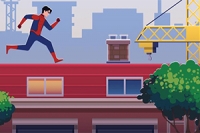 Hoppa på hustak och undvik hinder som Spider-Boy