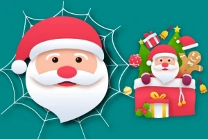 Tecknad tomte med vitt skägg i tomteluva på en spindelnätbakgrund bredvid julklappar, gran och pepparkaksgubbe
