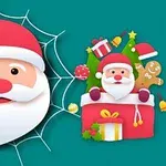 Tecknad tomte med vitt skägg i tomteluva på en spindelnätbakgrund bredvid julklappar, gran och pepparkaksgubbe