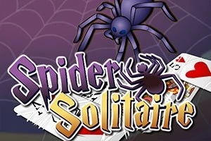 En tecknad spindel med bakgrund av spelkort och texten Spider Solitaire