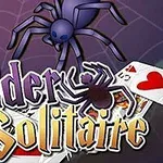 En tecknad spindel med bakgrund av spelkort och texten Spider Solitaire