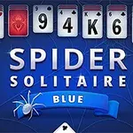 Kort med olika valörer och symboler på ett blått spindelnätsmönstrat bakgrund med en spindel