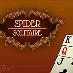 En elegant brun bakgrund med dekorerat mönster visar texten Spider Solitaire bredvid en delvis spelad bunt kort med kung, dam, knekt, femma och fyra synliga