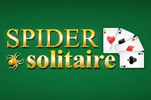 Texten SPIDER solitaire i guld med spelkort och en spindel på grön bakgrund