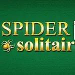 Texten SPIDER solitaire i guld med spelkort och en spindel på grön bakgrund