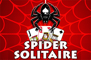 Svart spindel med spaderemblem och spelkort med texten Spider Solitaire på röd bakgrund med spindelnätsmönster