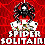 Svart spindel med spaderemblem och spelkort med texten Spider Solitaire på röd bakgrund med spindelnätsmönster