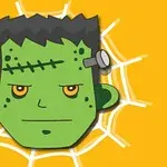 En tecknad figur med ett grönt ansikte, skruv i huvudet och ett ärr i pannan, mot en gul bakgrund med ett spindelnätsmönster