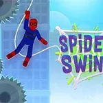 En tecknad superhjälte i blå och röd dräkt svingar sig på en tråd framför en bakgrund av byggnader och sågklingor, med texten Spidey Swing i mitten