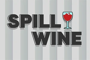 Texten SPILL WINE med en illustration av ett vinglas som ersätter bokstaven I i SPILL