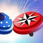 Två snurrande toppar med mönster av den amerikanska flaggan och en svartvit stjärna mot en ljus bakgrund