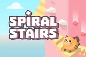 Texten Spiral Stairs och en tecknad katt på en spiraltrappa med blå himmel i bakgrunden