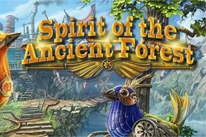 Texten Spirit of the Ancient Forest i guld visas över ett fantasifullt landskap med träd, berg och en bro