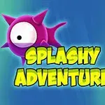 Lila, piggliknande figur med ett stort öga mot en blå och grön bakgrund med texten Splashy Adventure i gula bokstäver